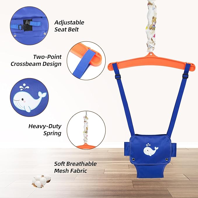Baby Jumper with Stand, Foldable Activity Jumper for Infants, Height Adjustable Baby Bouncer No Doorway Needed Toddler Jumper, Portable Indoor Outdoor Baby Activity Center for 6-12 Months (Blue)