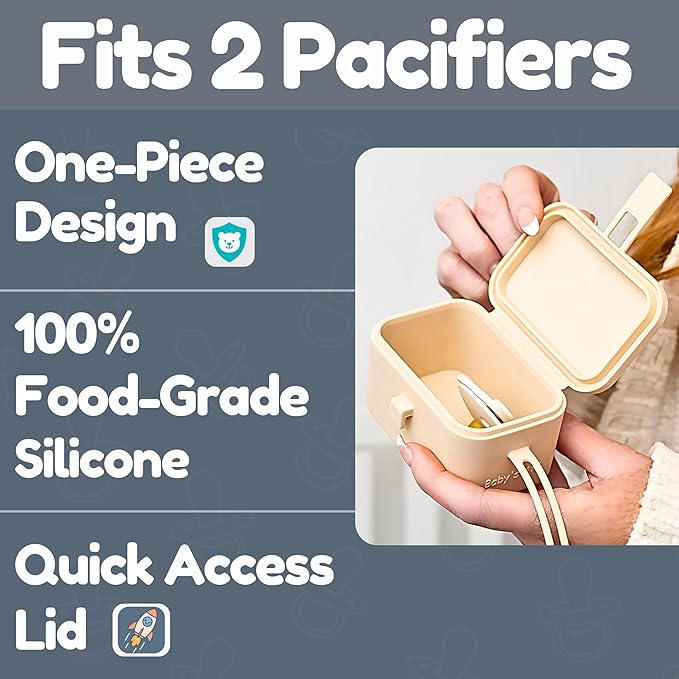 Baby's Aid Silicone Pacifier Case, No Open Slot with Patented Closure, Dishwasher Safe, Attaches to Diaper Bag or Stroller, Holds 2 Pacifiers, (Buttercream)