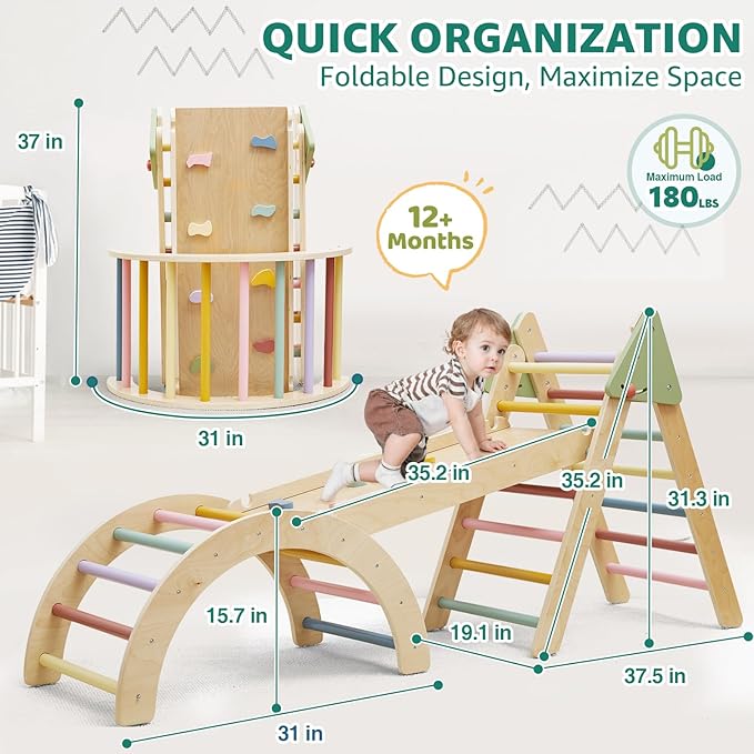 3in1 Pikler Triangle Set, Pikler Triangle Climbing Toys Set for Toddlers, Wooden Toddler Climbing Toys Indoor Playground, Foldable Montessori Climbing Set with Arch&Ramp&Ladder, Jungle Gym for Kids