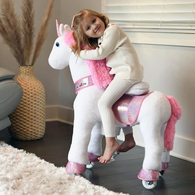 WondeRides Ride on Unicorn Pink Riding Horse Toys Size 4 for Age 4-9 Years, 36 inch Height Plush Riding Unicorn Pony Ride on Horse Toy Giddy up Rocking Mechanical Walking Animal with Wheels M431
