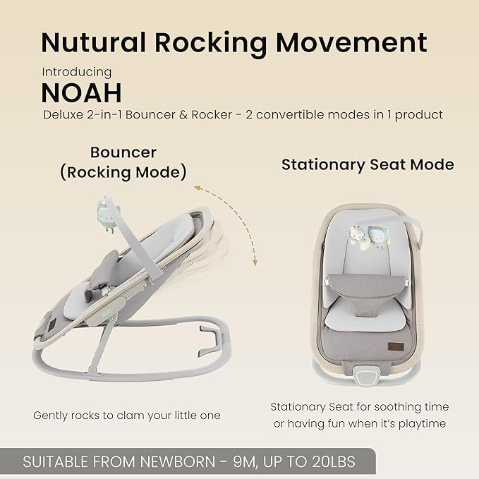 Qutanix 2-in-1 Baby Bouncer & Rocker,Portable Baby Bouncer Seat for Babies 0-9 Months, Baby Rocking Chair with 3 Reclining Positions,Wood Accents,Soft Newborn Insert - Beige