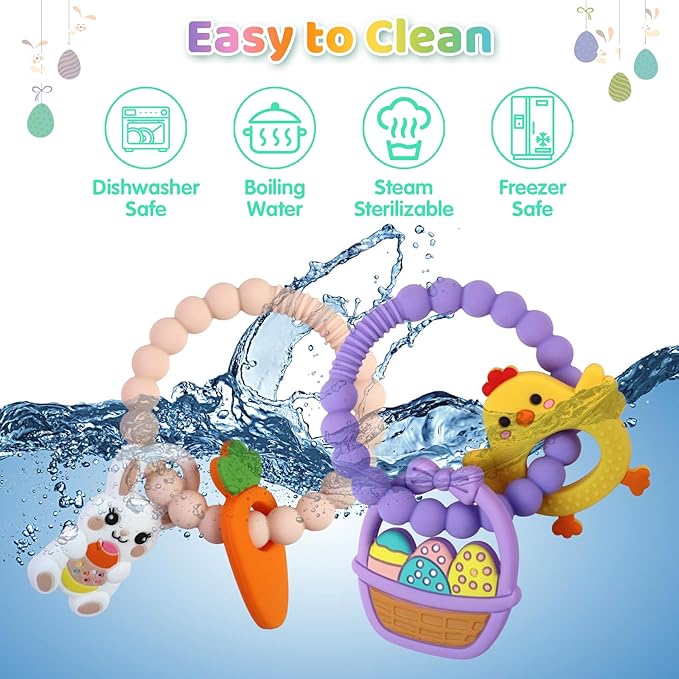 2 PCS Easter Baby Teething Ring Toys, Silicone Carrot Bunny Egg Teether for Newborns Infants Toddlers, Baby Easter Basket Stuffers Baby's First Gifts Girl Boy Sensory Chew Bracelet