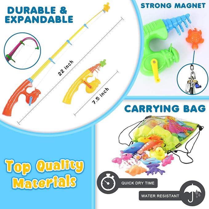 Goody King Magnetic Fishing Game Pool Party Pole Rod Net - Bathtub Outdoor Indoor Carnival Party Water Table Fish 4 Players Gift Age 3-5 6 4-8 (Large)