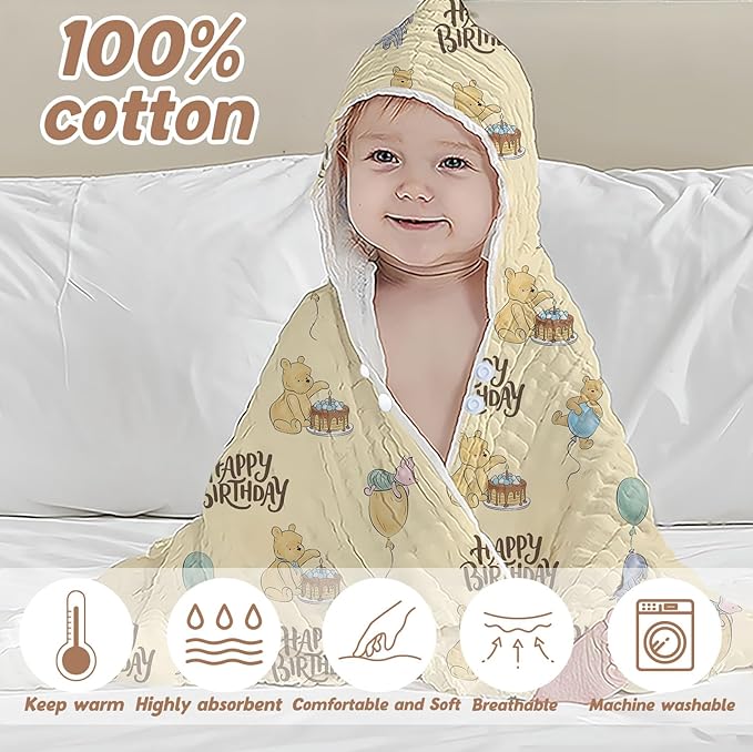 1PCS the Pooh Baby Bath Towels, Winnie Hooded Baby Towel, Bath Supplies for Newborns, Soft & Absorbent, Happy Birthday Baby Towel with 1 Toddler Face Towels 32 * 32IN