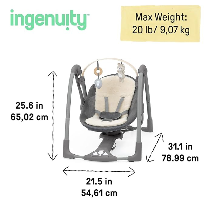 Ingenuity Every Season Swing 'n Go Portable Swing - Cooling and Warming Fabrics, Detachable Sustainable Wooden Toy Bar, 2 Toys, Music, Motorized Swing, for Ages 0-9 Months, Grey - Wesley