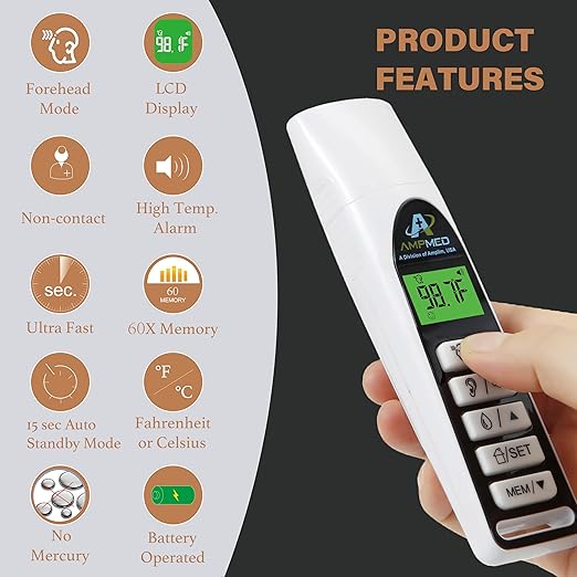 Amplim Baby Thermometer | 3-in-1 Accurate Infrared Thermometer for Ear, Forehead & Touchless, Fever Thermometer for Baby, Infants, Toddlers, Kids & Adults | White Base Stand & Clock