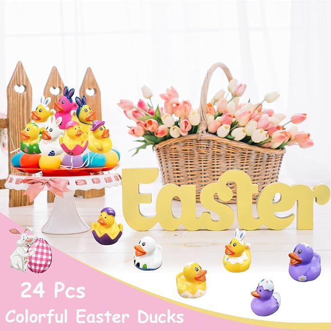 24Pcs Easter Ducks,Mini Rubber Ducks for Kids,2 Inch Bunny Duckies Bath Toys for Easter Party Favors Supplies Decoration,Classroom Exchange Prizes Gifts