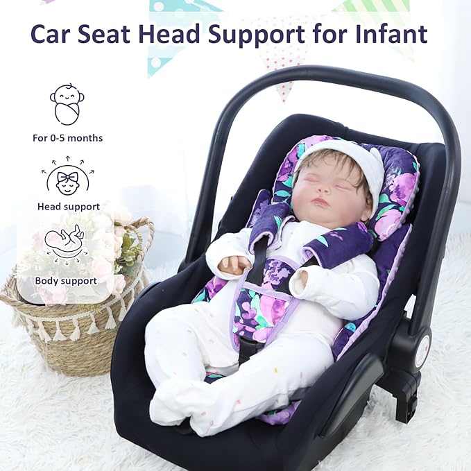 TANOFAR Car Seat Head Support Baby - Infant Car Seat Insert for Newborn Girls Boys - Soft Carseat Head Support for Infant - Newborn Carseat Insert for Car Seats, Strollers, Swings (Purple Floral)