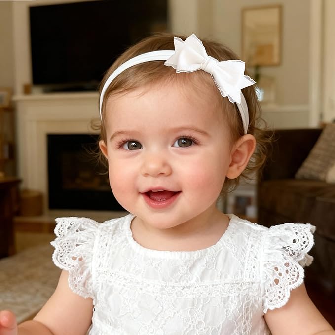 Baby Girls Headband White Bow Lace Headbands Soft Elastic Bowknot Hairbands Cute Hair Accessory for Newborn Kids Infant Toddler Baptism Birthday Party (Double Bow)