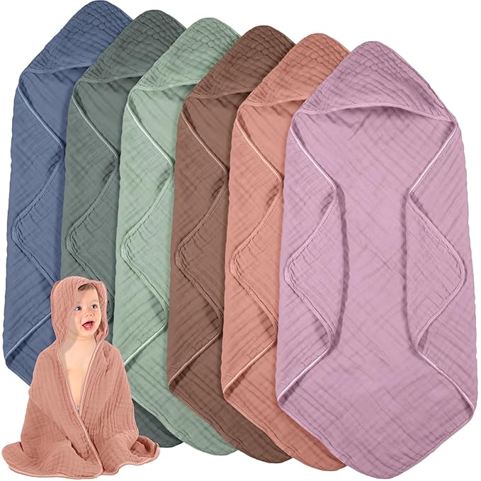 Peryiter 6 Pcs Muslin Hooded Baby Towels 32 x 32 Inch Cotton Newborn Bath Essentials Muslin Infant Blankets Absorbent Registry Gifts for Girl Boy Kids Baby Shower (Green and Pink Series)