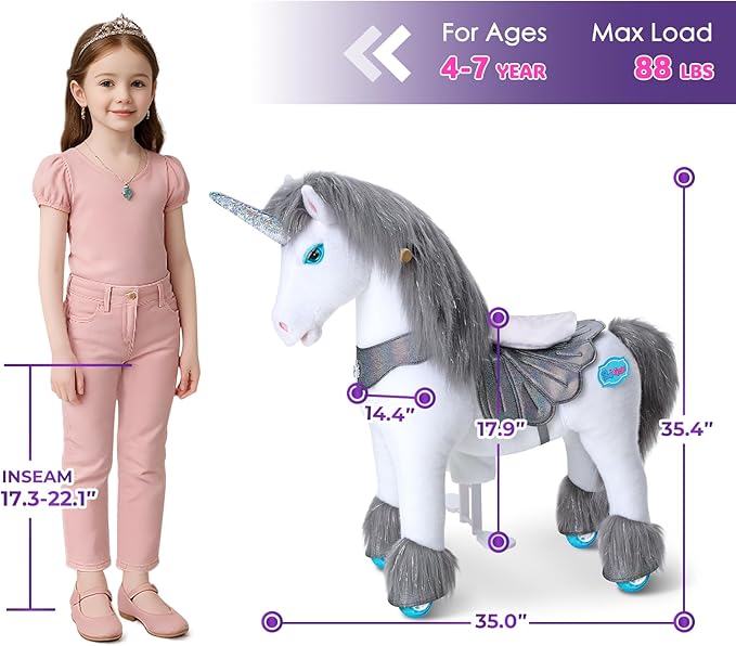 PonyCycle Ride on Horse Grey Unicorn Pony Advanced Model Y Riding Unicorn Ponies Toy (35.4" Height for Kids Ages 4-7) Riding Pony with Wheels, Christmas Birthday Gift for Kids Plush Walking Pony Y456