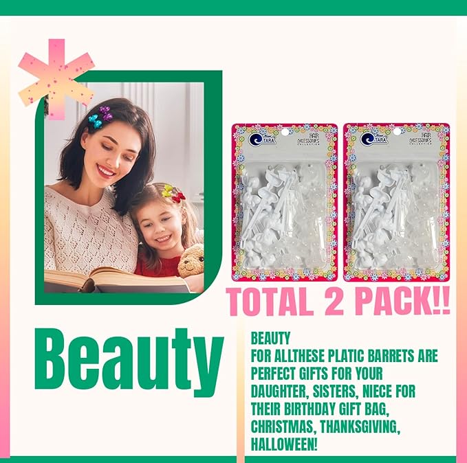Self Hinge Hair Barrettes for Girls, 40pc Count (WHITE AND CLEAR)