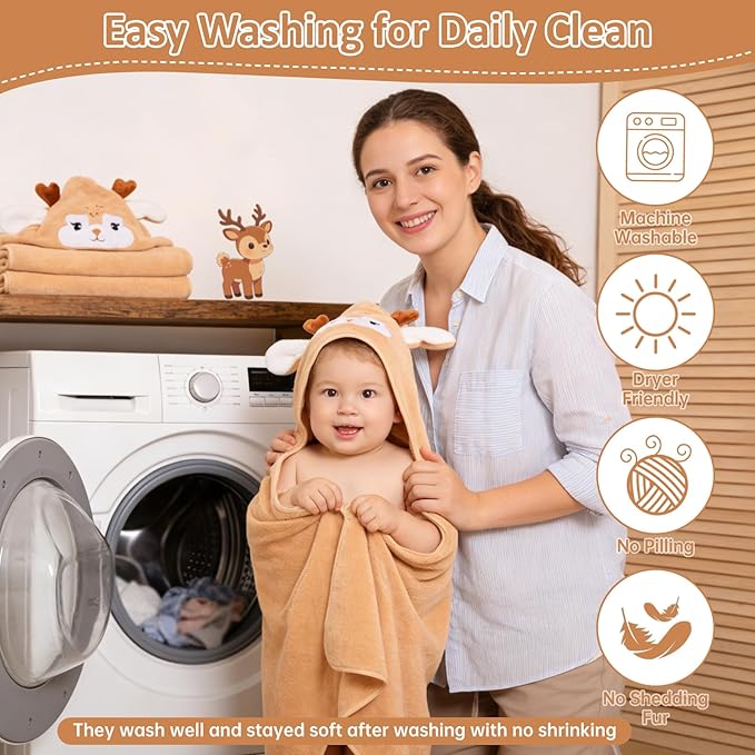 Hooded Baby Towel, Premium Soft Coral Fleece Baby Towel for Baby, Newborns, Toddlers, Infant- Ultra Absorbent, Natural Baby Stuff Towel with Hood for Boys and Girls (Brown Deer)