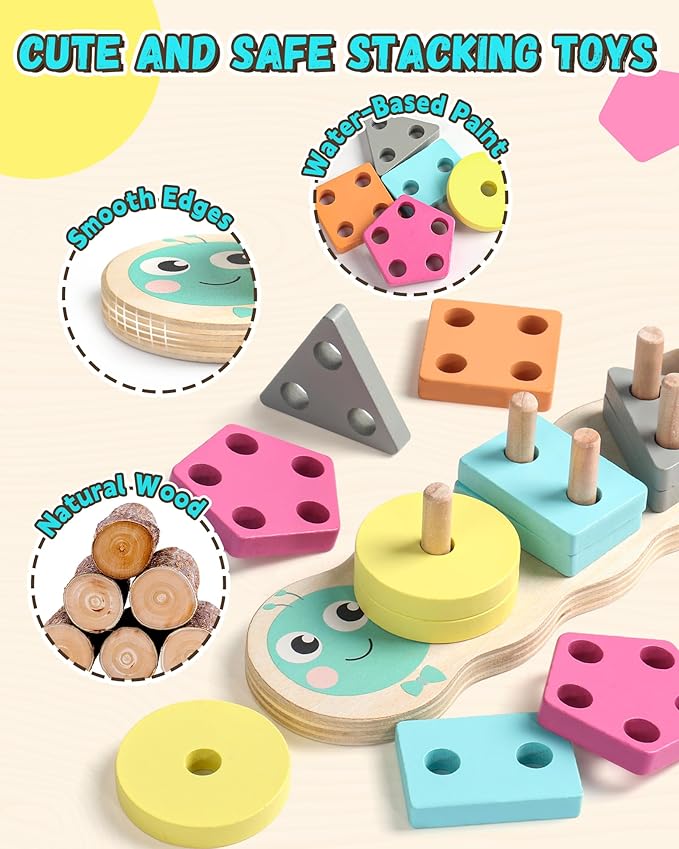 1 Year Old Boy Girl Gifts Montessori Toys for 1 2 Year Old Caterpillar Wooden Shape Sorter Stacking Toys for Toddlers 1-3 Educational Preschool Learning Toy Easter Basket Stuffers Birthday Gift