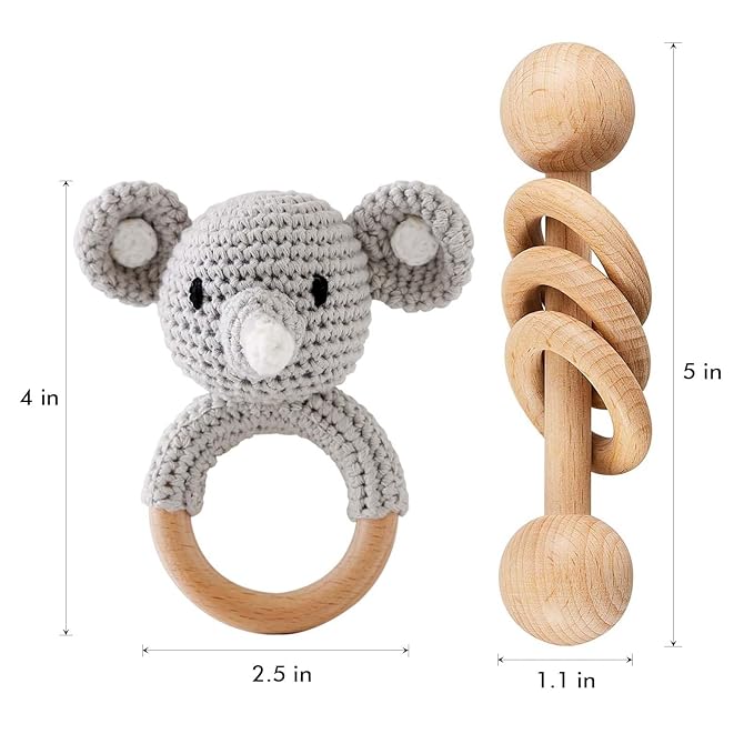 Crochet Elephant and Wooden Animal Rattle Set for Newborns, Baby Wooden Rattle Toy 2PCS