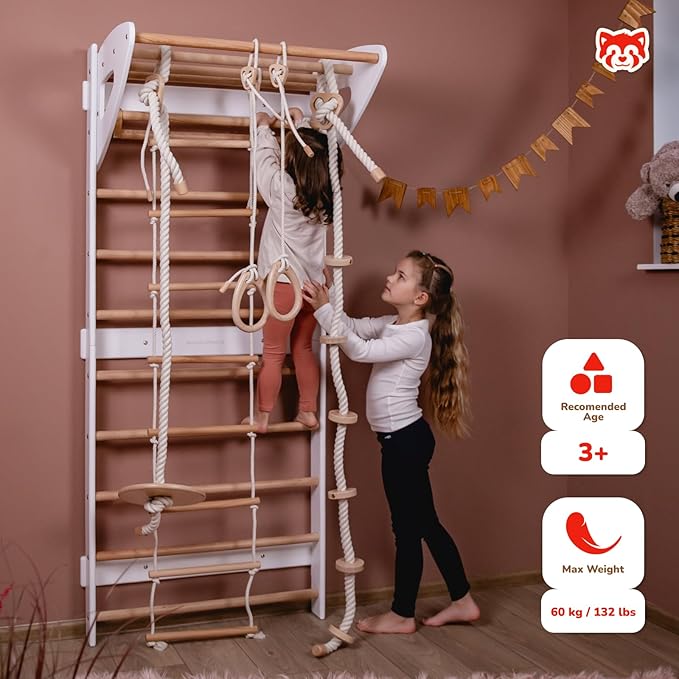 Wood And Hearts Swedish Ladder for Kids with Rope Accessories - Indoor Jungle Gym, Indoor Jungle Gym for Kids Ages 3-16, Indoor Climbing Gym (Swedish Ladder of 2 Parts (White))