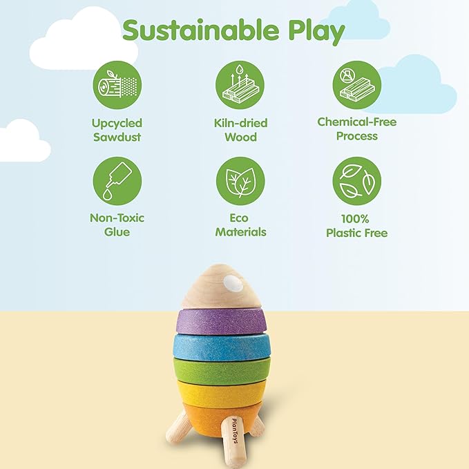 PlanToys® Wooden Stacking Rocket Toy for Toddlers | Montessori Educational STEM Learning Toy | Colorful Wooden Rocket Ship Stacker for Fine Motor Skills, Problem Solving, Preschool Gift