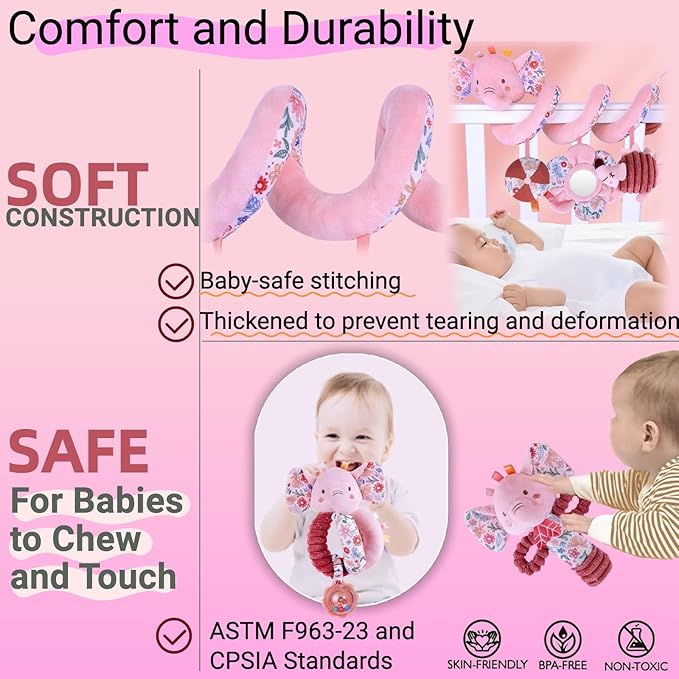 Baby Toys 0-6-12 Months Spiral Car Seat Toy, Infant Stroller Hanging Rattle Stuffed Animal Newborn Girl Boy Gift Easter Basket Stuffers Mirror Pink Elephant 3PCS