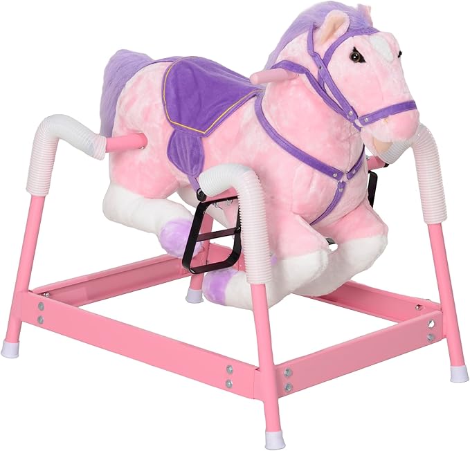Qaba Spring Rocking Horse, Kids Ride on Horse, Plush Horse Ride-on with Sounds & Foot Stirrups, Saddle for Kids 3-8 Years, Pink