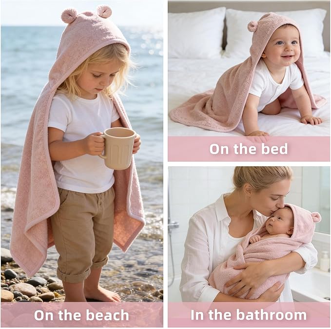 LifeTree 1 Pack Baby Hooded Towel with 1 Pack Washcloth for Newborn, 100% Cotton Bath Towel for Babies, Infant, Toddler and Kids, Thick,Soft and Absorbent, 30 * 30 Inches, Newborn Essentials, Pink
