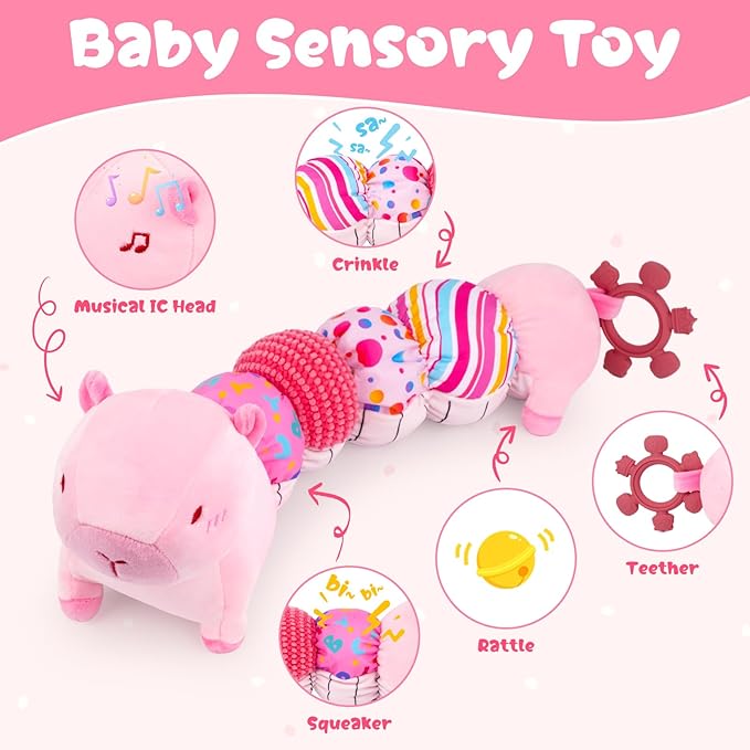 Baby Toys 0-12 Months, Infant Musical Caterpillar Baby Stuffed Animals with Crinkle, Rattle, Squeaker & Teether, Capybara Plush Sensory Baby Toy for Tummy & Soothing Newborn Gifts