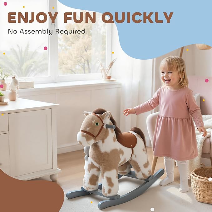 Qaba Rocking Horse, Kids Plush Animal Rocker with Realistic Neighing Sound for Toddlers 2–5 Years Old, Soft Filling Ride on Horse with Rabbit Toy, Light Brown