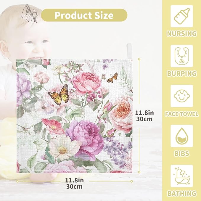 Bolaz Baby Gauze Towels for Kids Soft Handkerchief Newborn 100% Cotton Pink Rose Flower Butterfly Green Leaves Absorbent 12x12 Inch 3 Pack