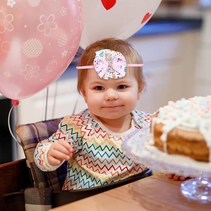 Pink Happy Birthday Hair Ribbon Bow Headband 1st First Birthday Sprinkle Confetti Ice Cream Party Dress Smash Cake Photo Decoration Accessories Gift