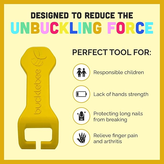 BUCKLEBEE Easy Car Seat Buckle Release Aid for Children Unbuckle Car Seat Release Tool - Button Pusher - Opener For Nails - (Yellow and Teal)