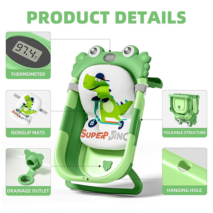Collapsible Baby Bathtub for Newborns to Toddler with Real-time Temp Monitor & Floating Cushion,Portable Travel Tub for 0-36 Month, Foldable Baby Bath Tub for Infants(Vivid Green)