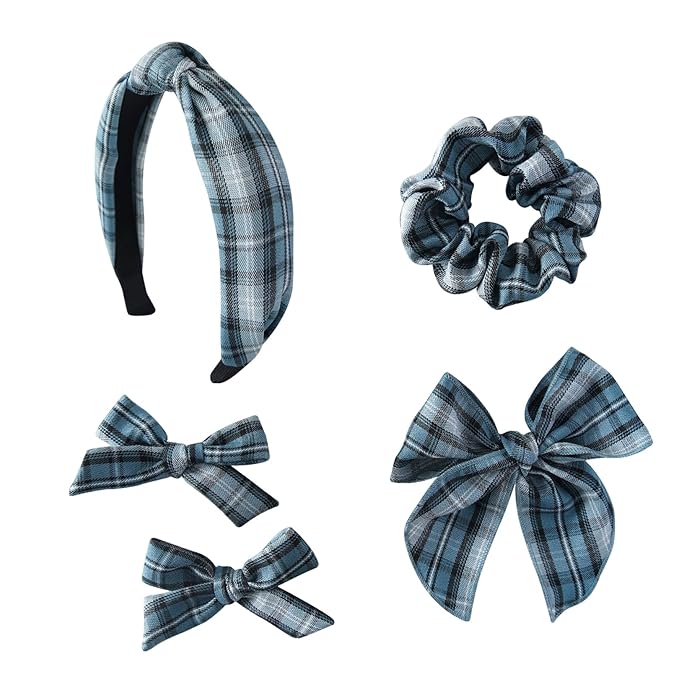 5 Pcs Striped Headband Set with Hair Knotted Scrunchies Bow, Padded Headbands for Women, Christmas Hair Bows & Clips Accessories for Girls (Blue-A)