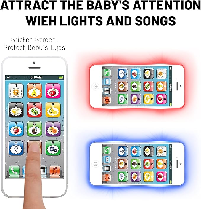 Wolmund Toy Learning Play Cell Phone with 8 Functions and Dazzling Lights Interactive Toy for Toddler Baby Kids Boys Girls, White