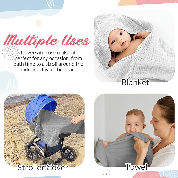 Hahafelt 6 Pcs Muslin Hooded Bath Towels Washcloths and Bibs Set, Muslin Cotton Baby Towels Absorbent Hooded Blanket Towel Infant Bibs for Boys Girls Newborn Infant Essential(White, Light Gray)