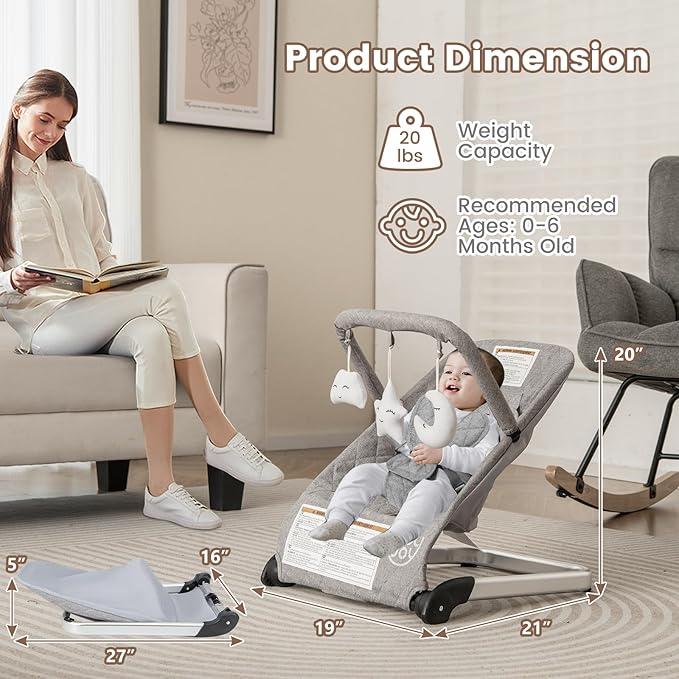 BABY JOY Baby Bouncer, Foldable Baby Bouncer Seat with 5-Point Safety Harness, Removable Fabric Cover & 3 Plush Hangings, Portable Infant Bouncer for Babies 0-6 Months (Light Grey)