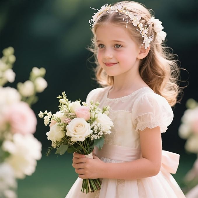 Flower Girl Headpiece Crystal Pearl Hair Accessories Bridal Flower Headband for Wedding, Birthday, Party, and First Communion