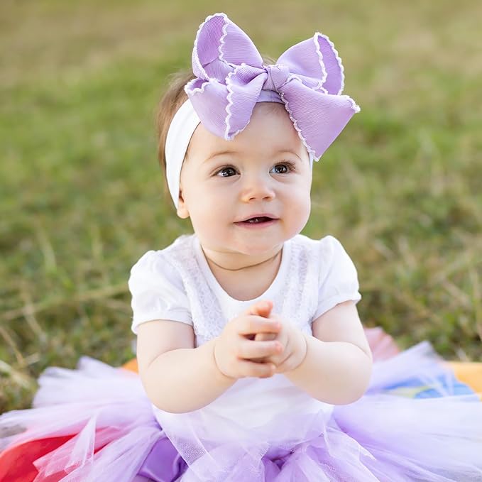 6'' Jumbo Purple Baby Girls Bow Headbands, Handmade Grosgrain Moonstitch Boutique Baby Headwraps, Super Stretchy Soft Nylon Headbands for Newborns, Infants & Toddlers
