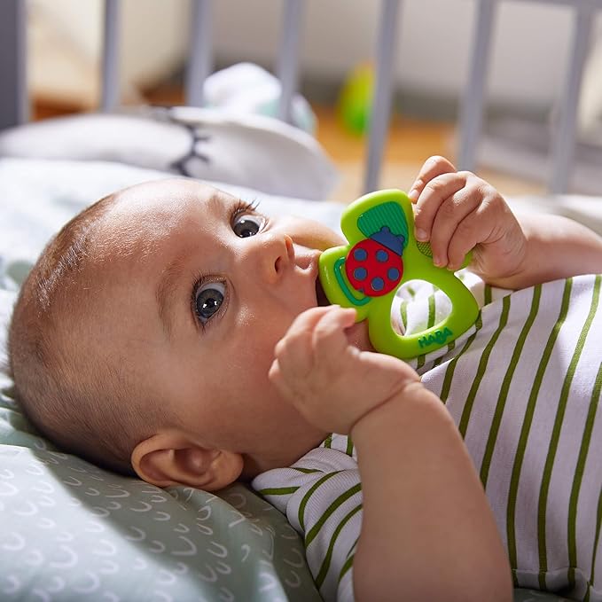 HABA Spring Teething Toys Bundle Includes: Easter Gifts for Babies Bunny Teether and St Patrick's Day Gifts Shamrock Silicone Baby Teething Toy, Infant Easter Basket Stuffers and Sensory Play
