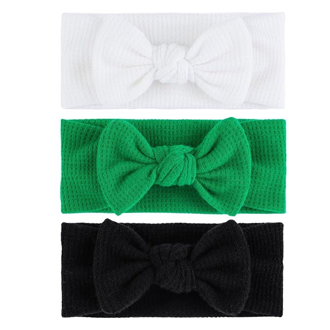 St. Patrick's Day Baby Headbands with Bows - 3 Packs Black, White, Green - Toddler Girls Hair Accessories