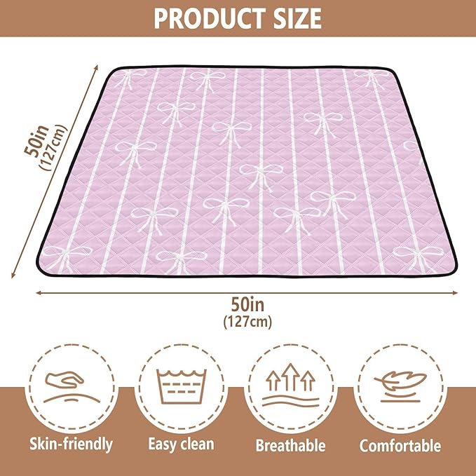 Baby Play Mat Pink White Bows and Stripes 50 x 50 Playpen Mat Baby Play Mats for Floor Play Gym Crawling Mat Non-Slip Cushioned Baby Playmat for Infants, Babies, Toddlers