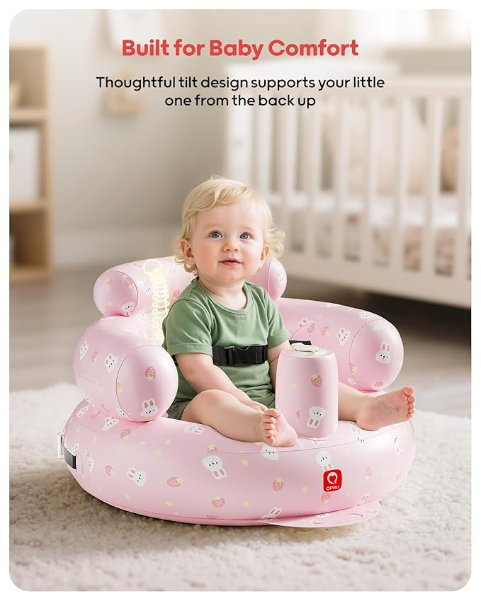 QPAU Inflatable Baby Seat with Safety Harness for Babies 3 Months & Up, Baby Floor Seats for Active Play, Blow Up Baby Chair with Built in Air Pump (Pink Rabbit)