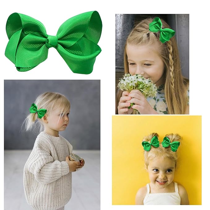 6 PCS 3' Hair Bows Clips for Girls Alligator Clips Grosgrain Ribbon Hair Accessories Toddler Bows for Girls Kids-Green
