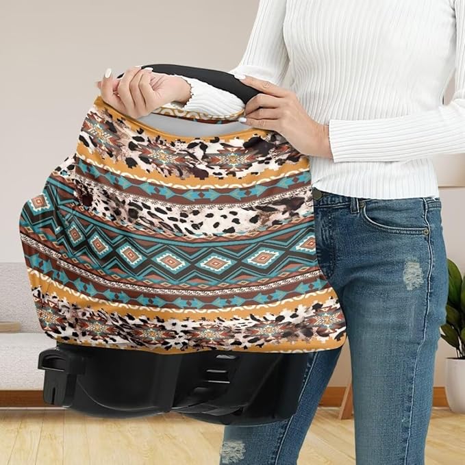 Coldinair Tribal Aztec Cow Stretchy Baby Car Seat Covers for Boys Girls,Soft and Comfortable,Multiuse for Nursing Breastfeeding Covers,Shopping Cart/High Chair/Stroller Covers,Scarff