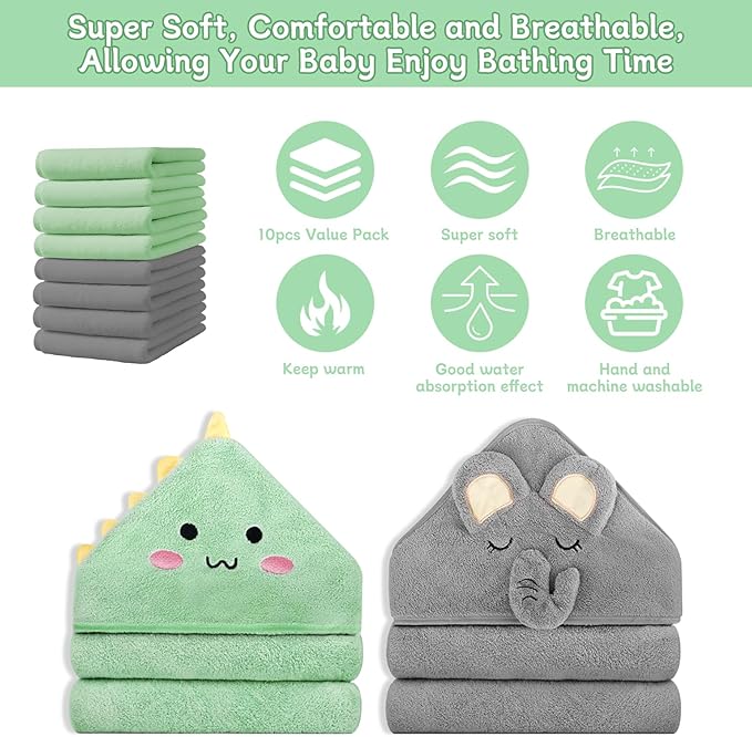 10 PCS Cute Baby Towels Set, 2 PCS Soft Baby Hooded Towels & 8 PCS Washcloths, Baby Bath Towels for Newborns, Infants & Toddlers, Ultra Absorbent, Cute Baby Towel Gift for Boys & Girls