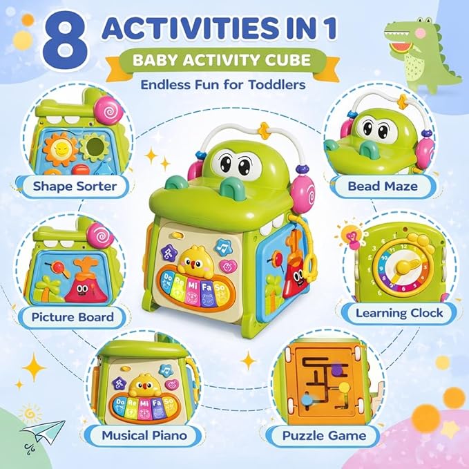 Qizebaby Montessori Activity Cube for Toddlers 1-3, Baby Activity Cube with Music & Lights, 8-in-1 Learning Toy with Shape Sorter & Bead Maze, Educational Toys for 12-36 Months Boys Girls