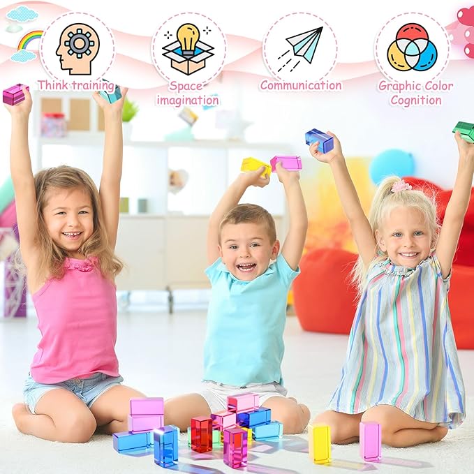 Meooeck 20 Pcs Acrylic Gem Cubes Blocks for Kids Translucent Rainbow Building Blocks Crystal Light Shadow Stacking Toys for School Education Training Learning(5 x 2.5 x 2.5 cm)