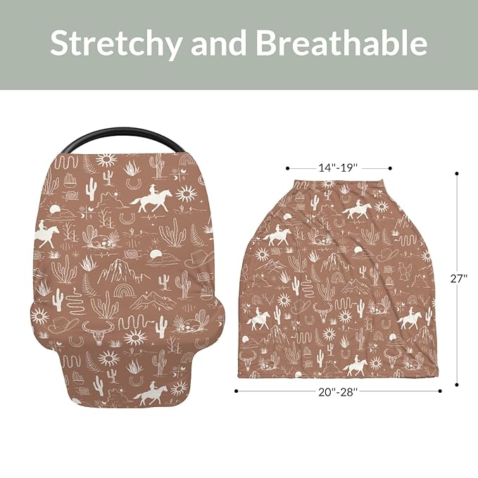 Western Cowboy Car Seat Cover for Babies Wild West Cactus Mountain Snake Cattle Skull Sun Stretchy 5-in-1 Covers Adjustable Car Canopy Breastfeeding Cover Desert Adventure Breathable Nursing Cover-Up