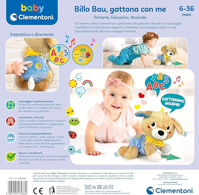 Clementoni Baby Billo Build Cat With Me Plush Animal Learning Crawling Children's Play 6-36 Months Learning Numbers Words Animal Trips Italian Language 17986