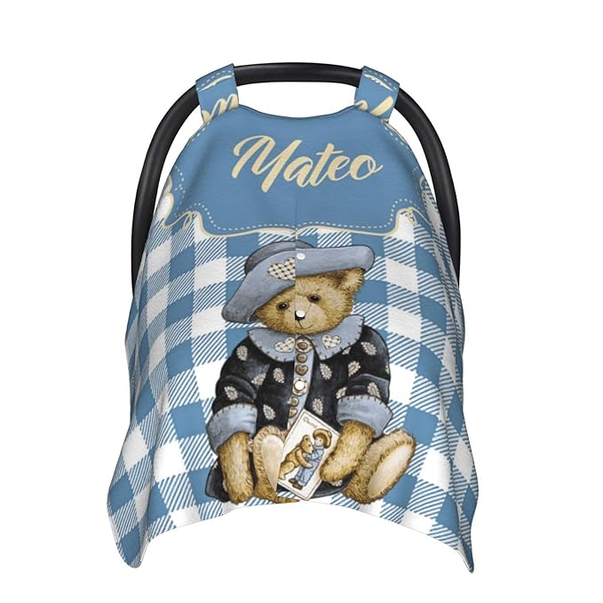 Cute Bear Custom Name Baby Car Seat Cover – Personalized Nursing Cover for Breastfeeding, Stroller Canopy, Privacy Infant Carseat Canopy, Soft Breathable Newborn Blanket for Boys