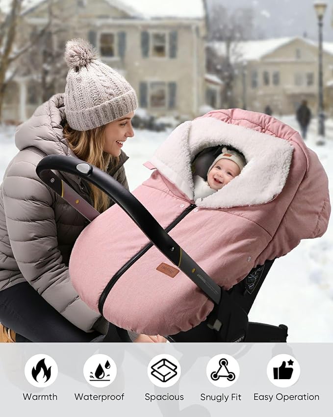 TinlyFinly Winter Car Seat Cover for Baby Car Seat and Stroller, Cold Weather Infant Carseat Canopy, Waterproof and Easy Access, Protect Baby Boys Girls from Cold Wind (Pink)