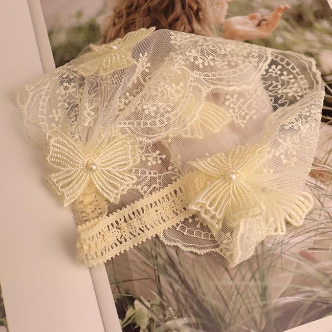 Baby Girls Headband Lacy Bow Pearl Wide Hair Band Turban for Infants Newborn Toddler Floral Ivory Elastic Head Wrap Breathable Sun Bonnet Hair Accessories (Ivory B)